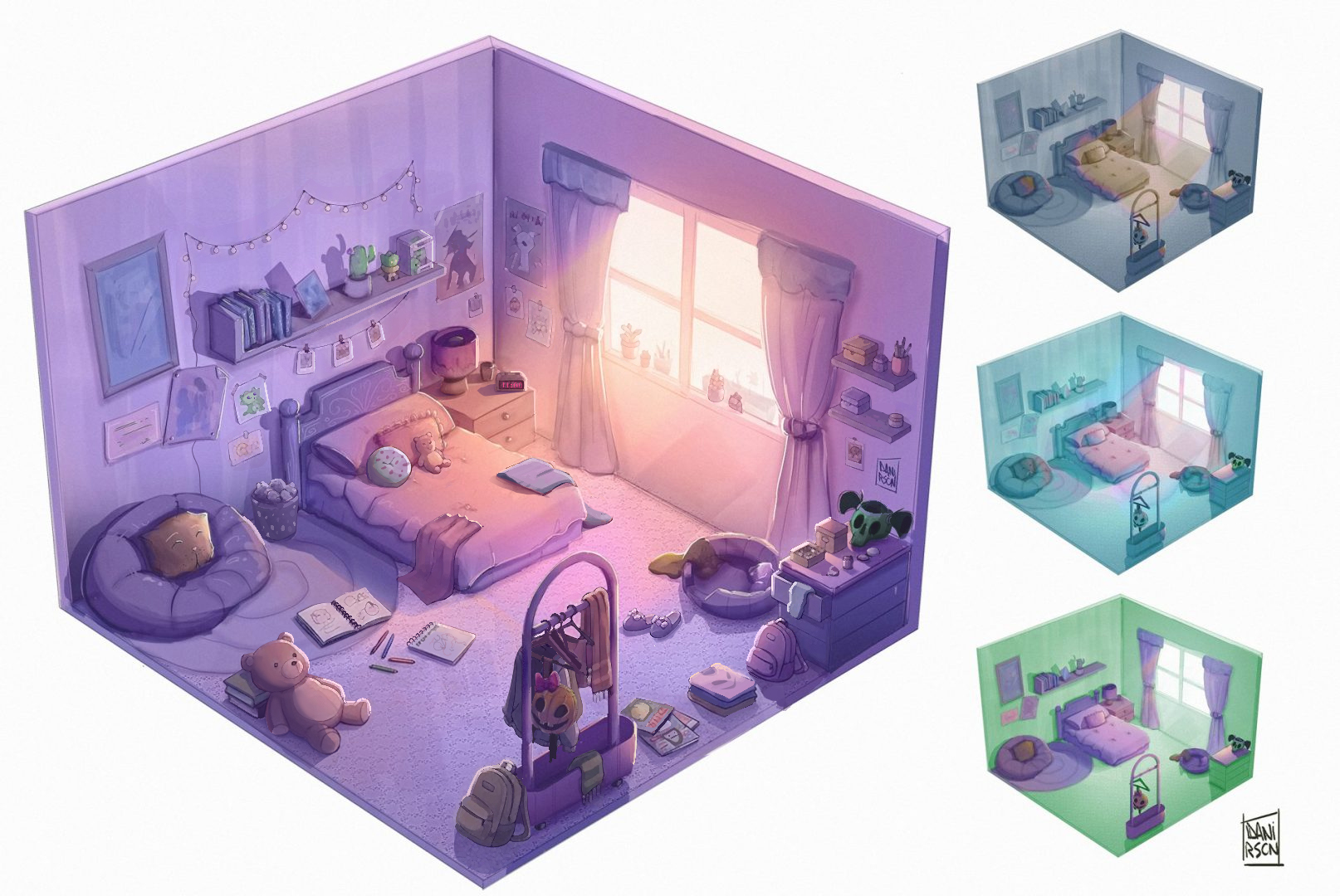 Ilustración isométrica 2D de una habitación juvenil kawai